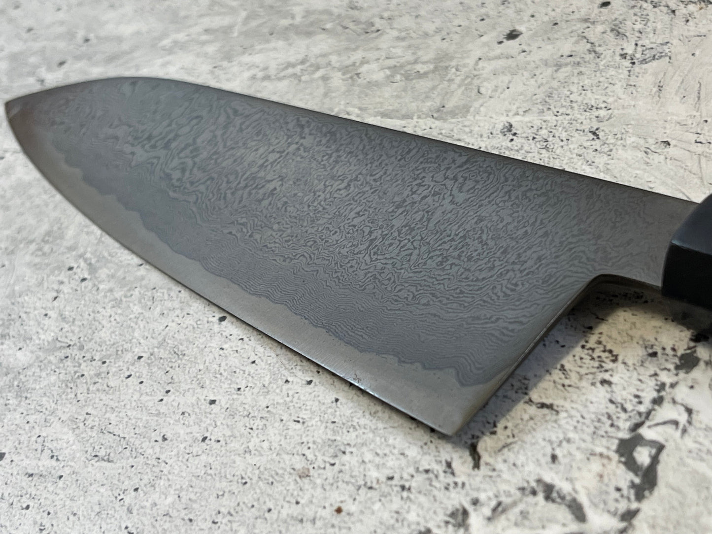 Damascus Laminated Carbon Steel 52100 Gyuto Knife 220mm Kurouchi Etched, Vietnamese Ebony Handle