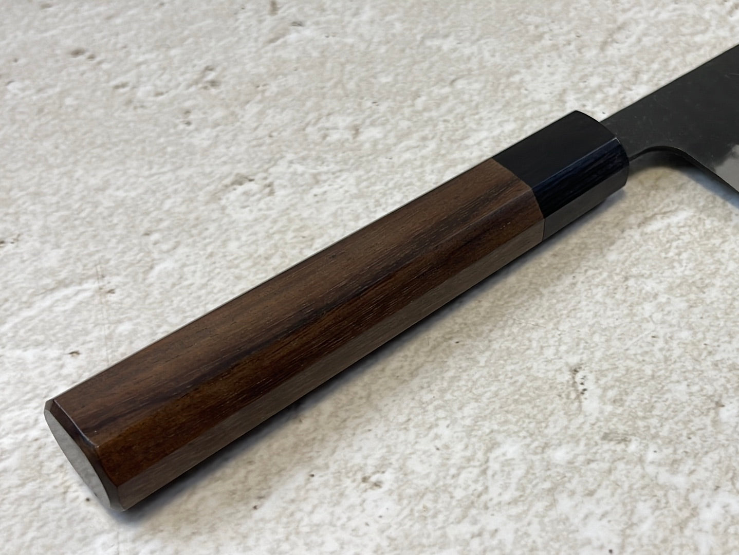 Yoshimune Gyuto Black Stainless 240 mm (9.4 in) Aogami Super Hammered Finish Double-Bevel Walnut Octagonal Handle