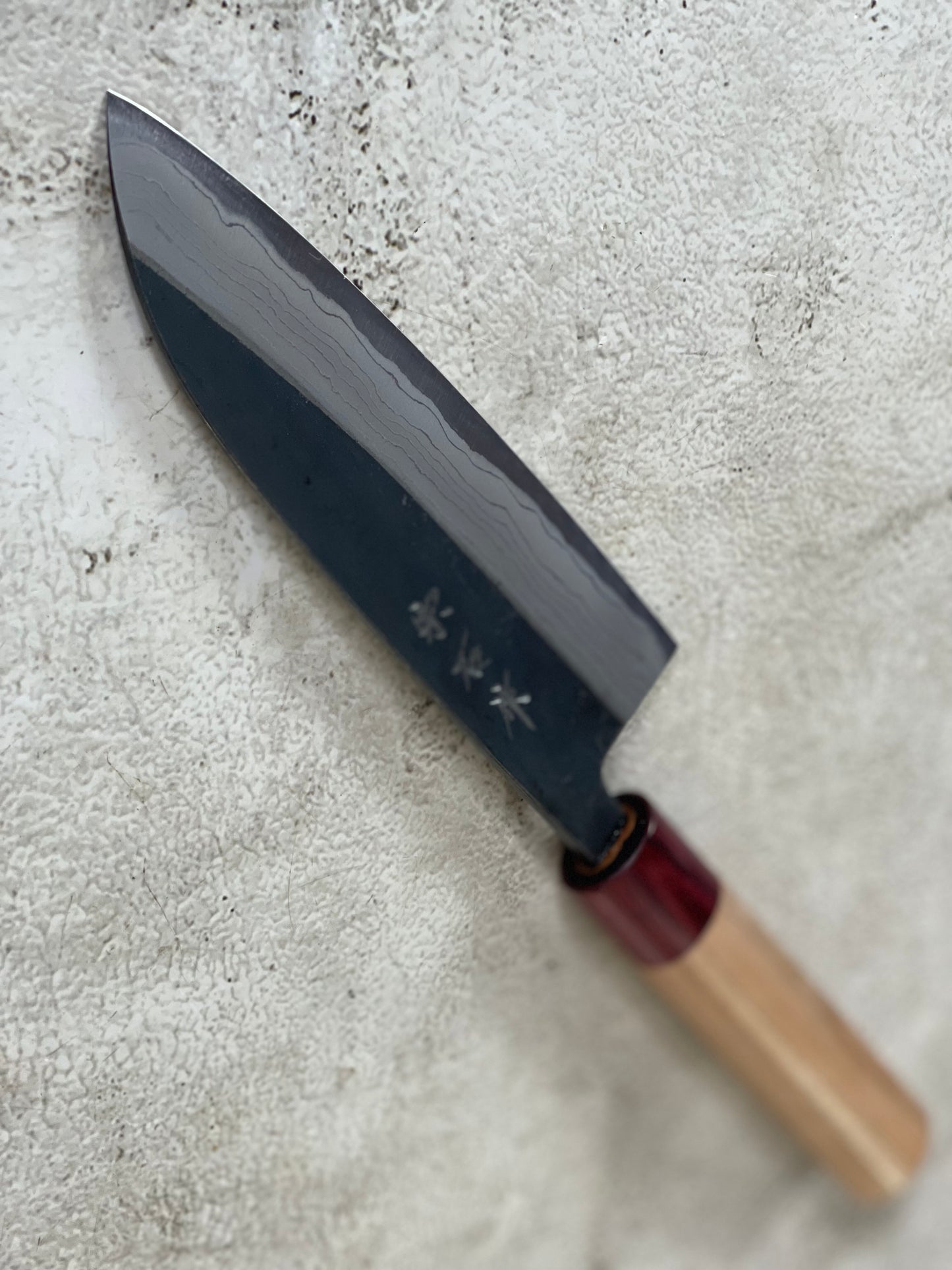 Muneishi Aogami Damascus Santoku 180 mm  Kurochi Finish Made in Japan 🇯🇵