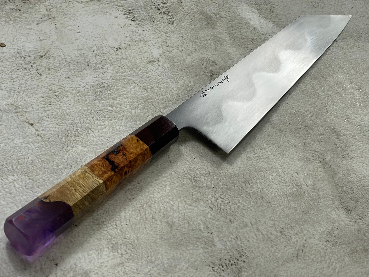 Keskin Migaki Kiritsuke 230mm Amboyna Burl Mix & Purple Resin Rosewood Ferrule