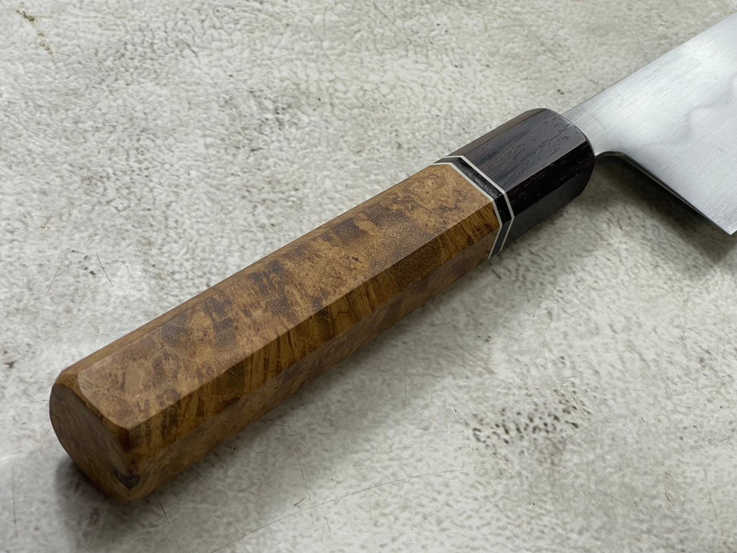 Kanefusa Gyuto 230mm Teakwood Burl Liner Spacer Rosewood Ferrule & Sheath
