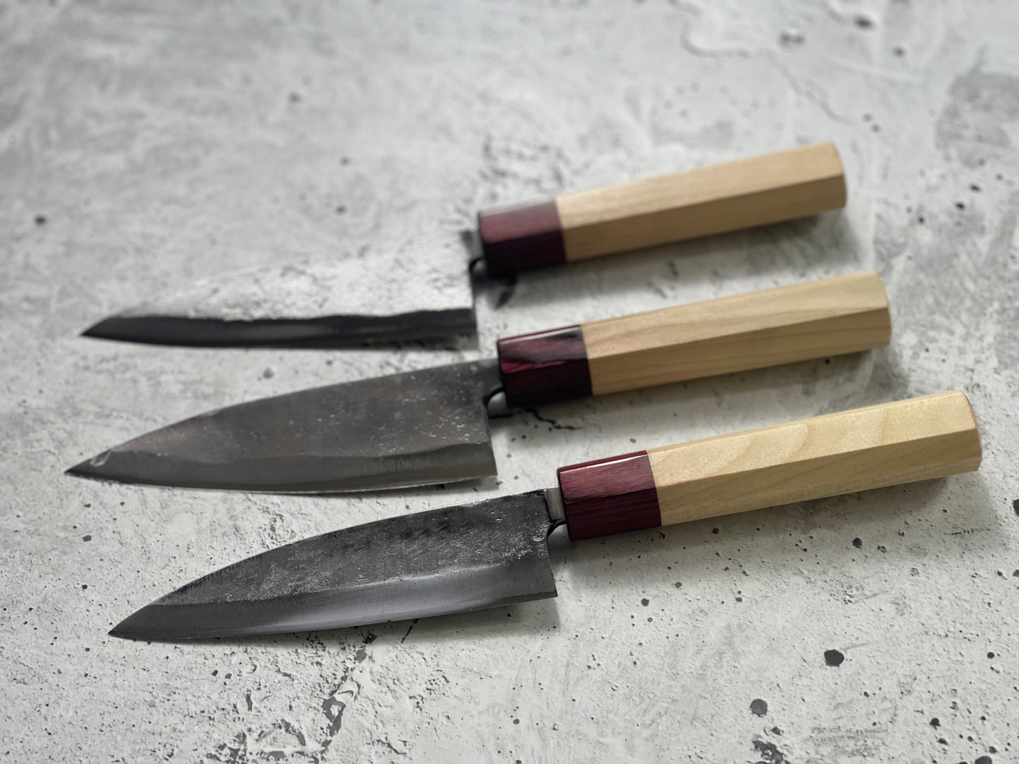 Japanese Knife Set 3x Carbon Steel Magnolia and Red Pakka Octagon Handle Made In Japan 1539