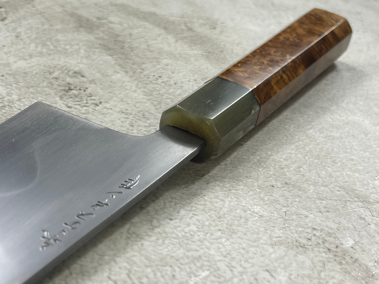 Keskin Migaki Kiritsuke 230mm Amboyna Burl & Blonde Buffalo Horn with sheath