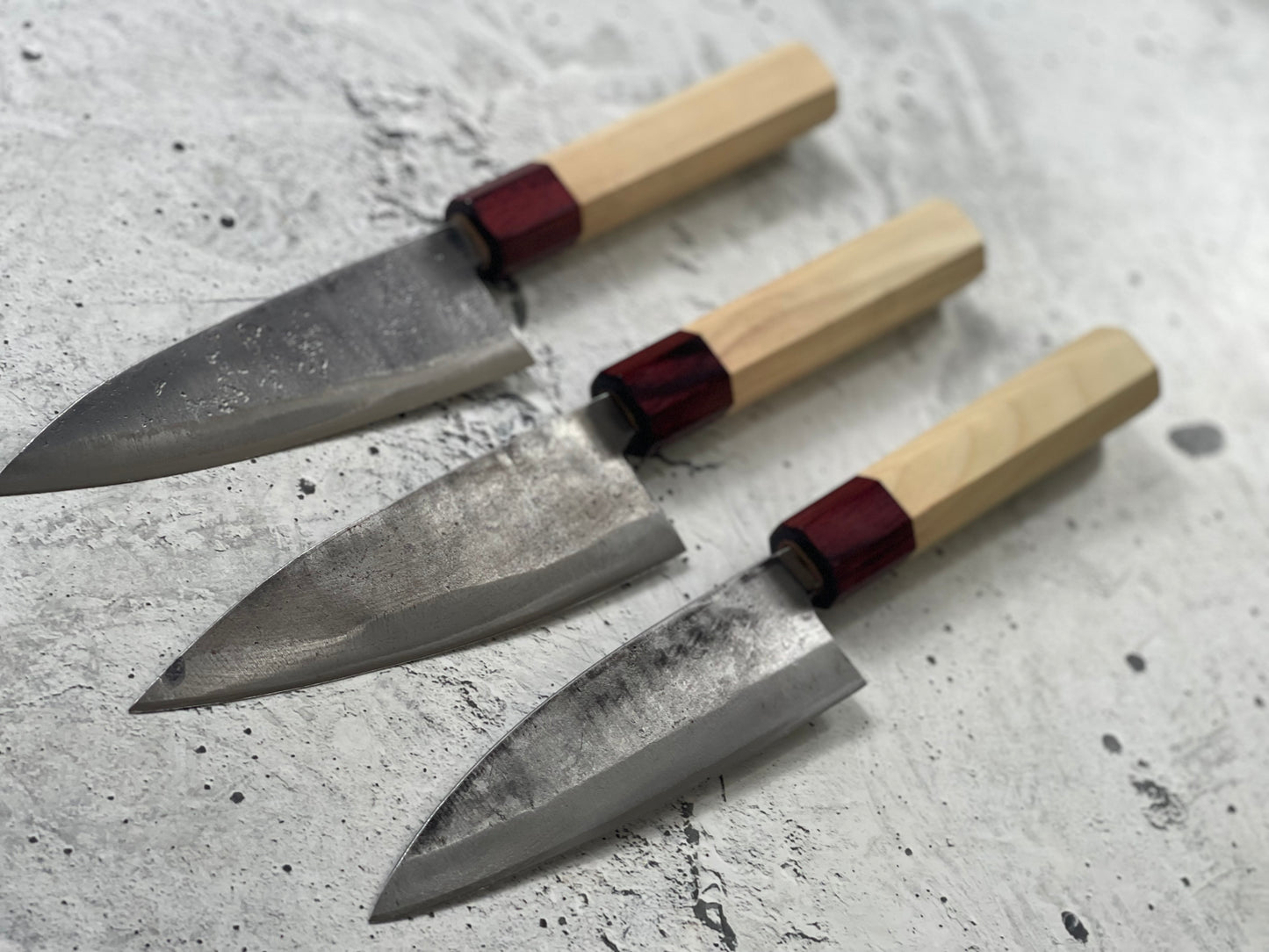 Japanese Knife Set 3x Carbon Steel Magnolia and Red Pakka Octagon Handle Made In Japan 1539