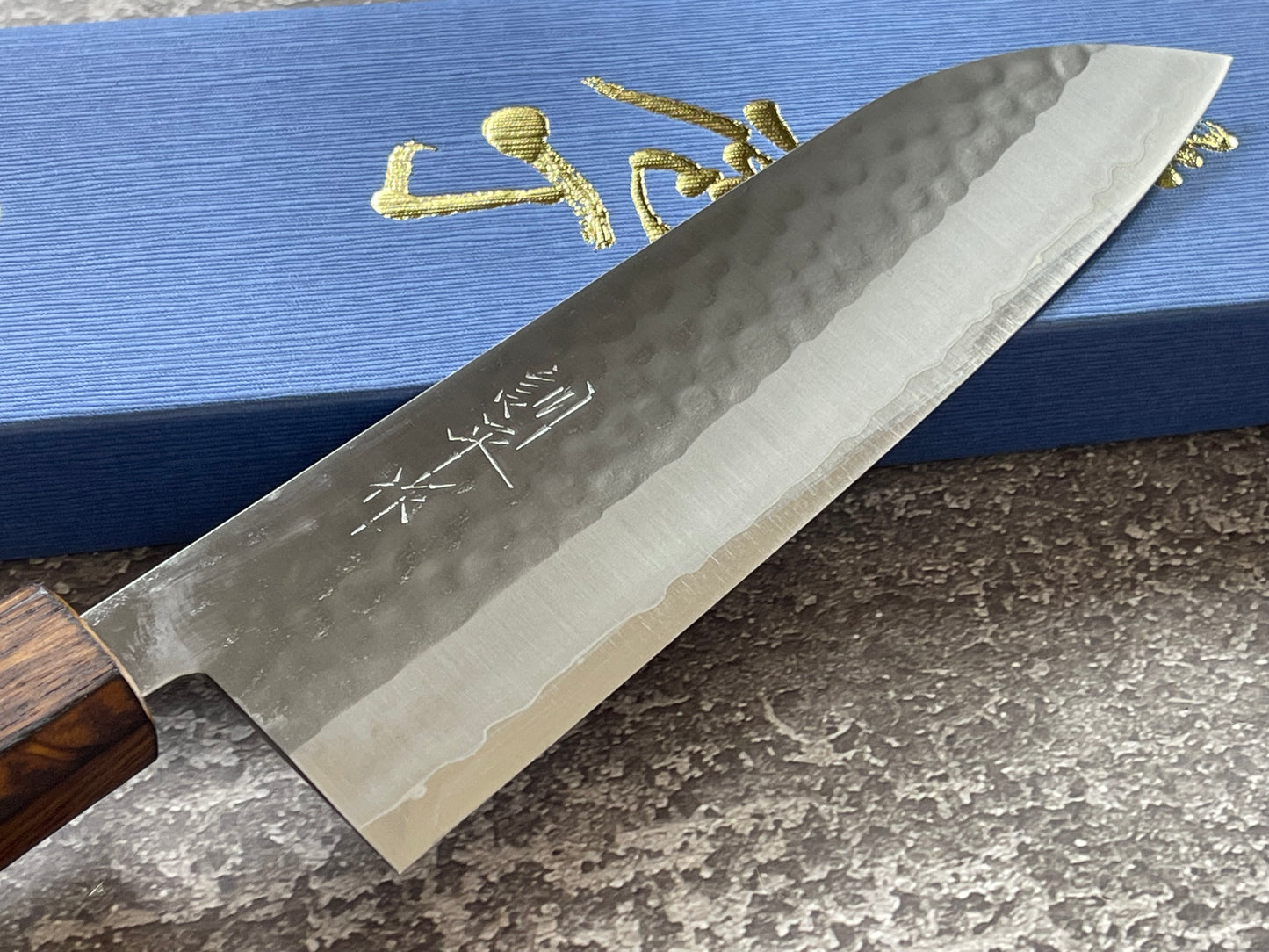 Masutani Kokuryu Tsutime Santoku 170mm  VG1 Steel Oak Handle