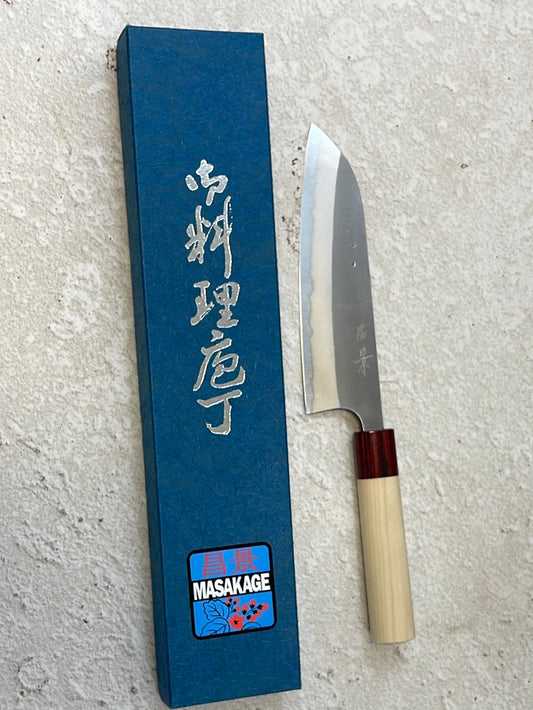 MASAKAGE YUKI Santoku 180mm Oval Magnolia wood with Red Pakka wood