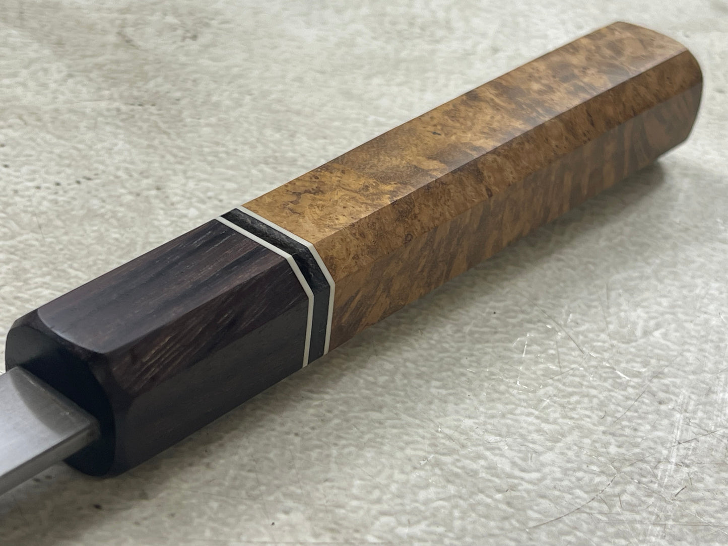 Kanefusa Gyuto 230mm Teakwood Burl Liner Spacer Rosewood Ferrule & Sheath