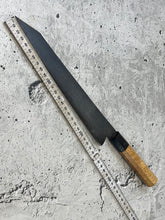 Load image into Gallery viewer, Used Damascus SanMai Sujihiki Knife 240mm Kurouchi Etched, Vietnamese Ebony &amp; Lagerstroemia Wood Handle