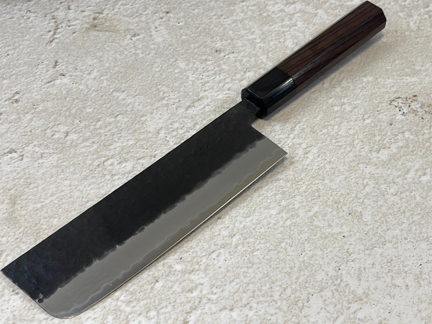 Yoshimune Nakiri Black Stainless 165mm Aogami Super Hammered Finish Double-Bevel Walnut Octagonal Handle