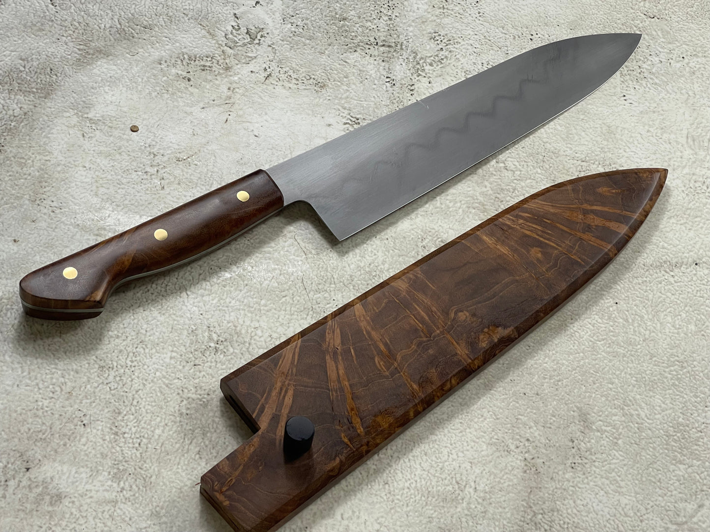 Kanefusa Full Tang Gyuto 230mm Teakwood Burl Set Brass Pins & Sheath