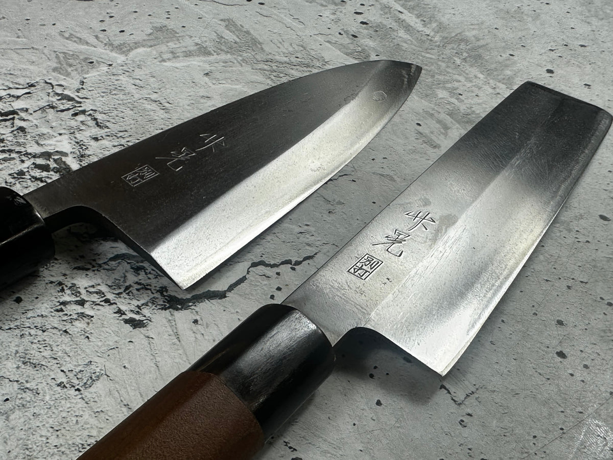 Vintage Masaaki / Masateru Sashimi Set 2x Carbon Steel Magnolia Wood Handle 2254