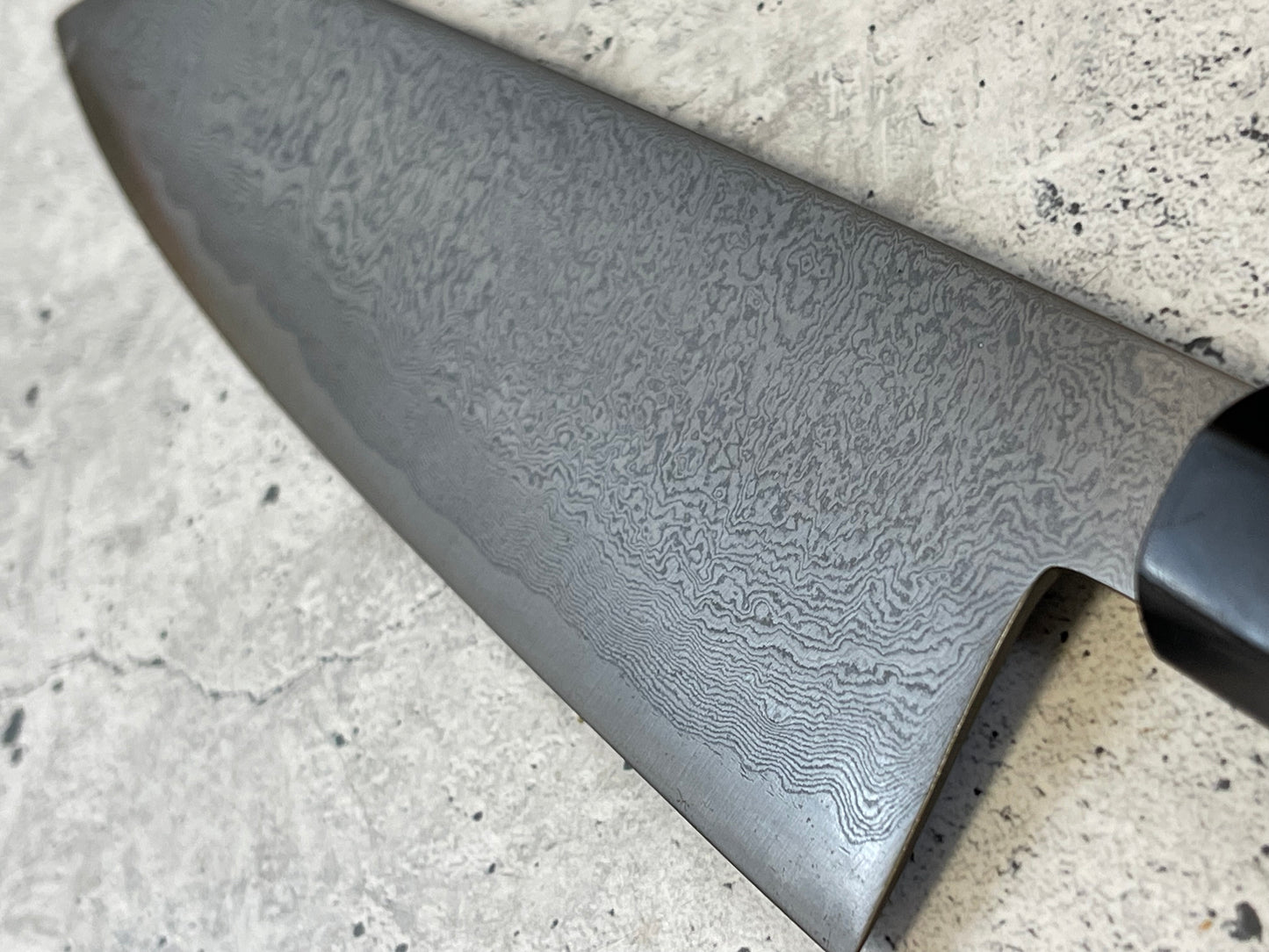 Damascus Laminated Carbon Steel 52100 Gyuto Knife 220mm Kurouchi Etched, Vietnamese Ebony Handle