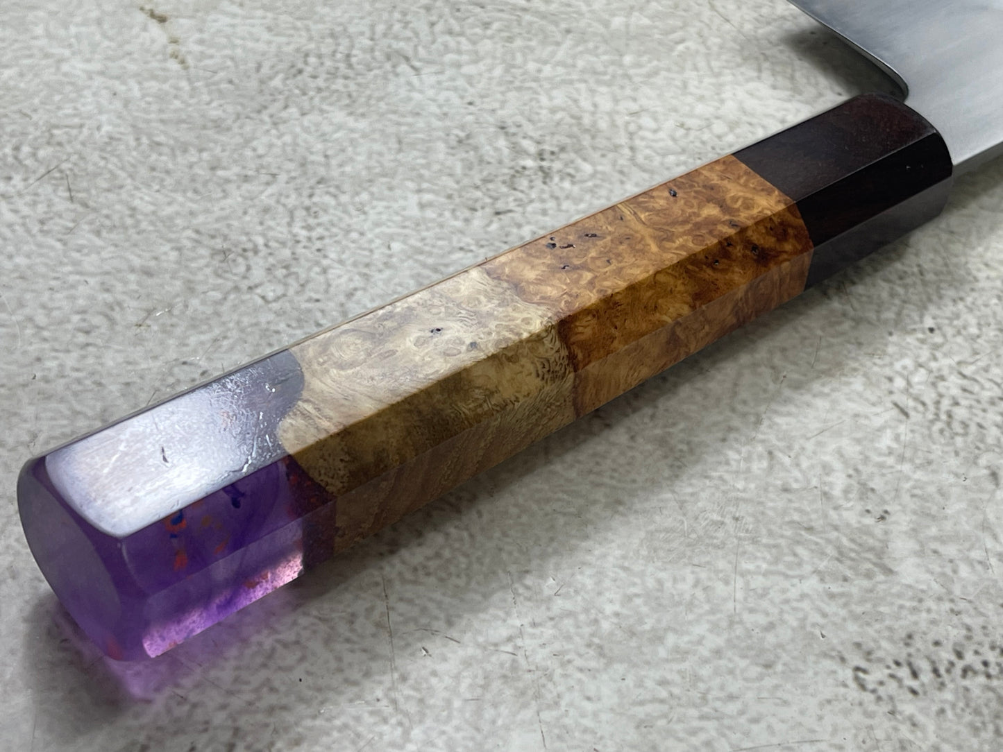 Keskin Migaki Kiritsuke 230mm Amboyna Burl Mix & Purple Resin Rosewood Ferrule