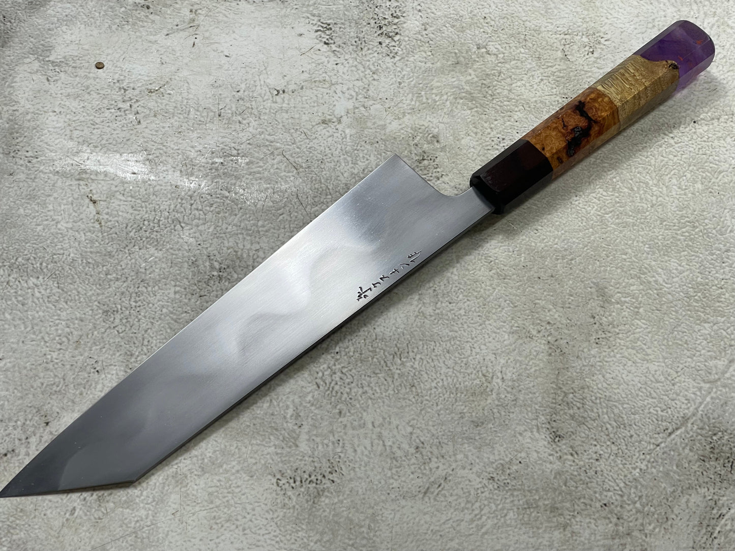 Keskin Migaki Kiritsuke 230mm Amboyna Burl Mix & Purple Resin Rosewood Ferrule