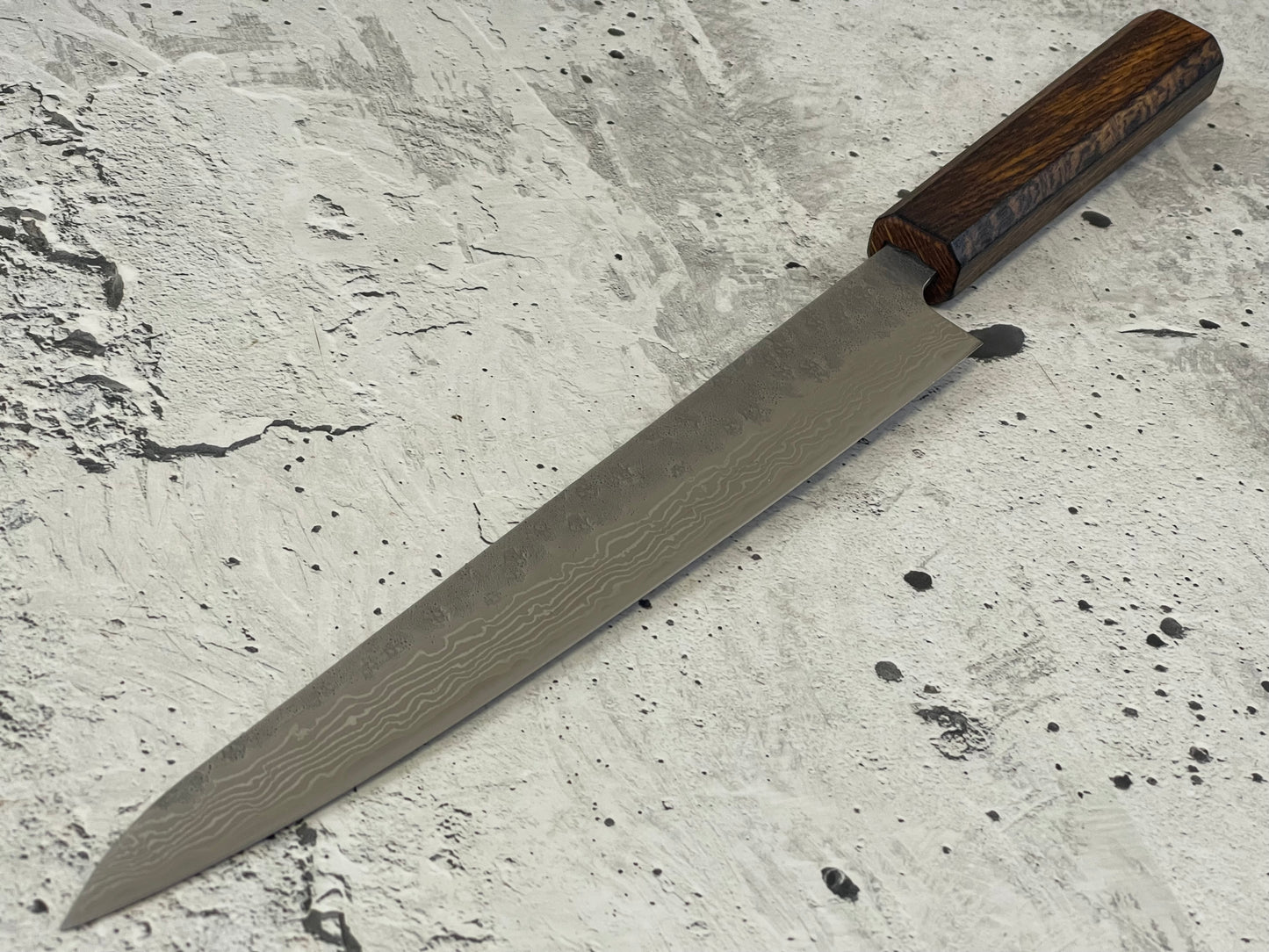 Tsunehisa 440c Damascus Nashiji  Sujihiki 240mm Oak Wood Handle - Made in Japan 🇯🇵
