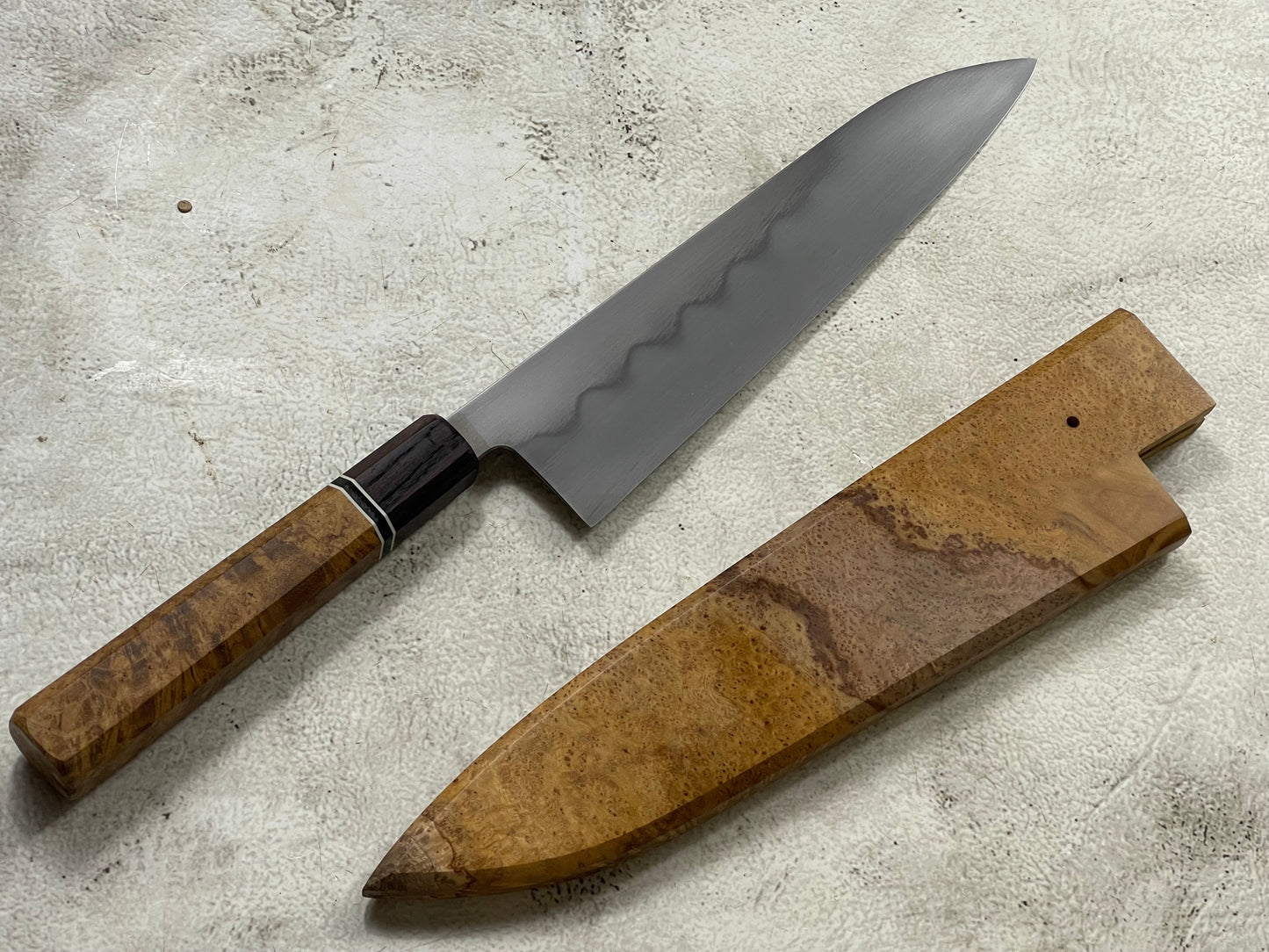 Kanefusa Gyuto 230mm Teakwood Burl Liner Spacer Rosewood Ferrule & Sheath
