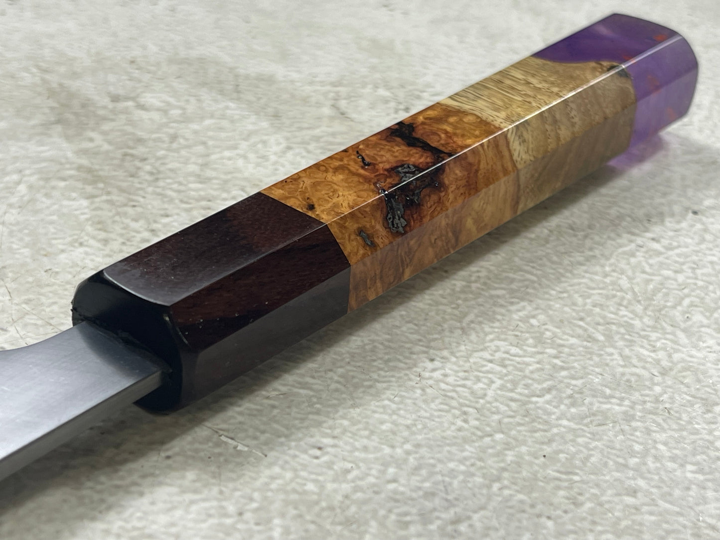 Keskin Migaki Kiritsuke 230mm Amboyna Burl Mix & Purple Resin Rosewood Ferrule