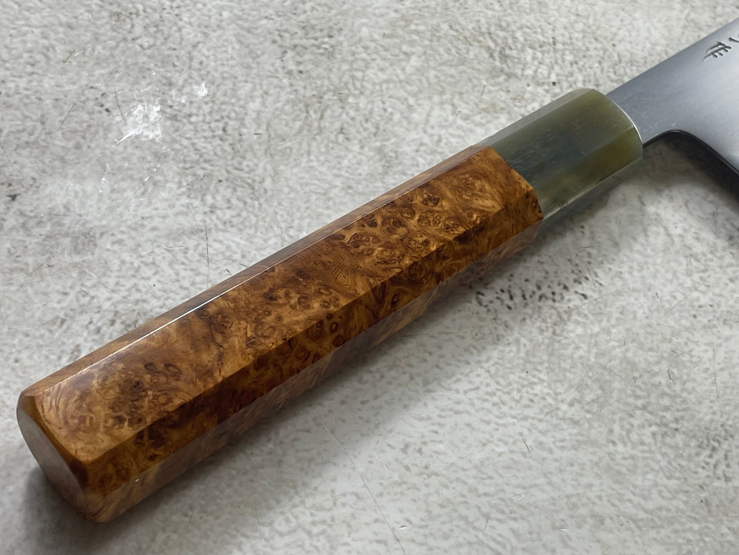 Keskin Migaki Kiritsuke 230mm Amboyna Burl & Blonde Buffalo Horn with sheath