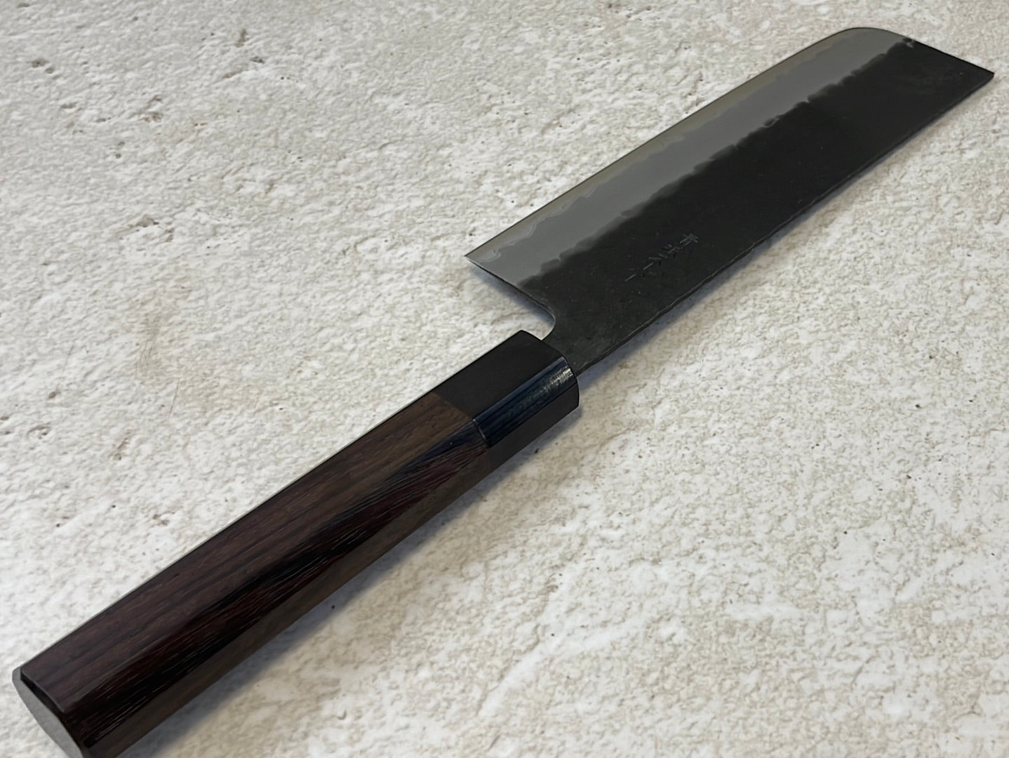 Yoshimune Nakiri Black Stainless 165mm Aogami Super Hammered Finish Double-Bevel Walnut Octagonal Handle