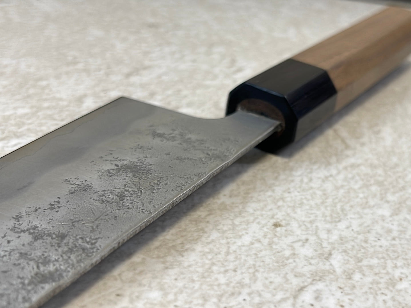 Yoshimune Gyuto 210 mm (8.3 in) Ginsan (Silver #3) Nashiji finish Double-Bevel Walnut Octagonal Handle