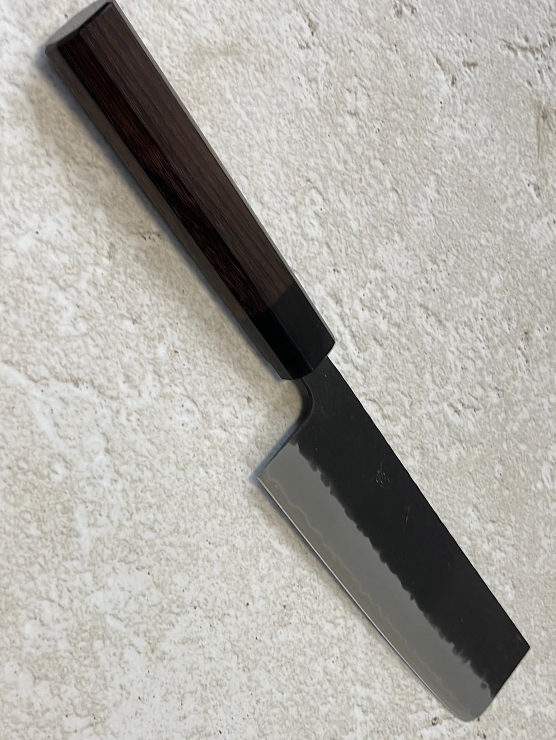 Yoshimune Nakiri Black Stainless 165mm Aogami Super Hammered Finish Double-Bevel Walnut Octagonal Handle