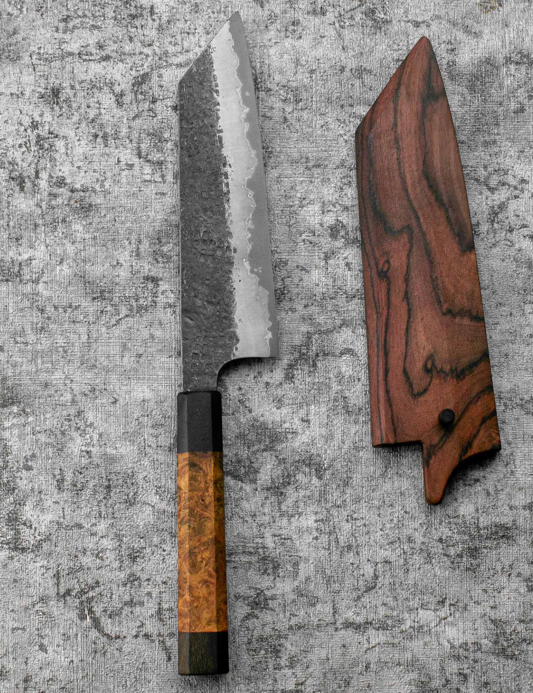 SanMai Bunka 175mm Kurouchi Squared Etched, Amboyna & Rosewood Handle With Rosewood Saya
