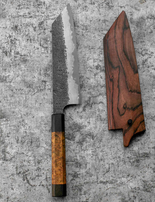 SanMai Bunka 175mm Kurouchi Squared Etched, Amboyna & Rosewood Handle With Rosewood Saya