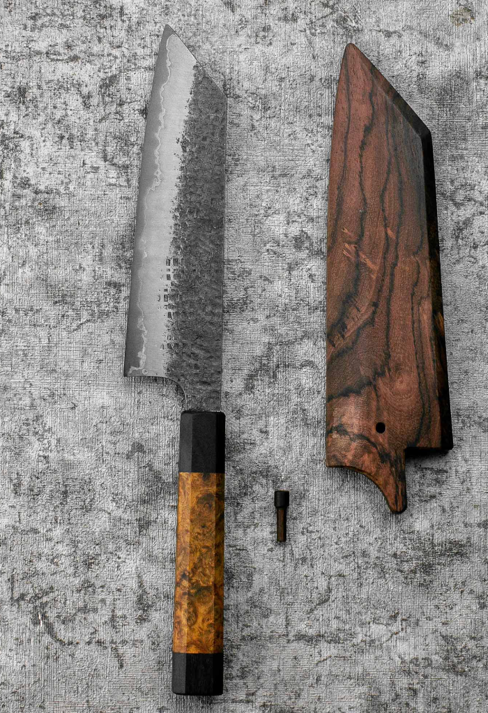 SanMai Bunka 175mm Kurouchi Squared Etched, Amboyna & Rosewood Handle With Rosewood Saya