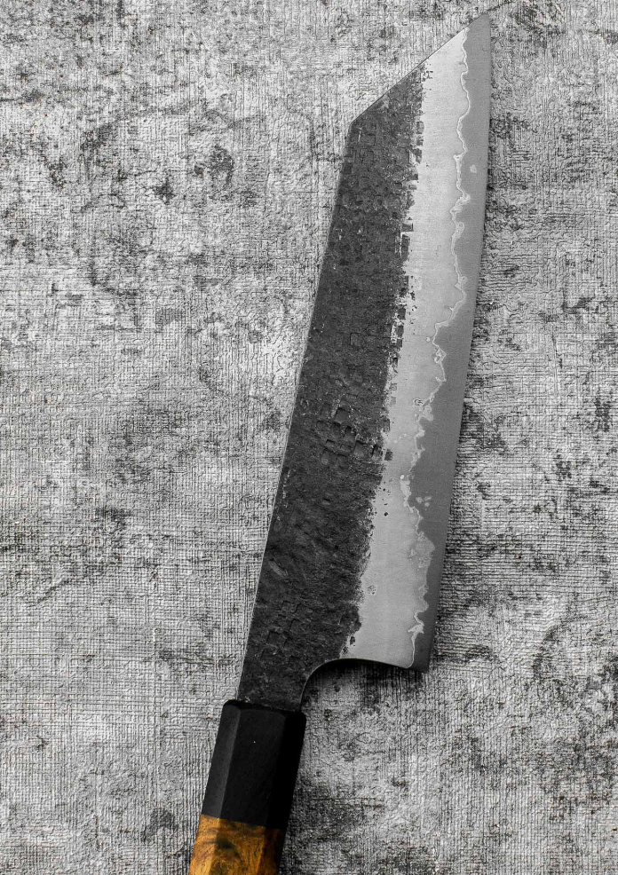 SanMai Bunka 175mm Kurouchi Squared Etched, Amboyna & Rosewood Handle With Rosewood Saya