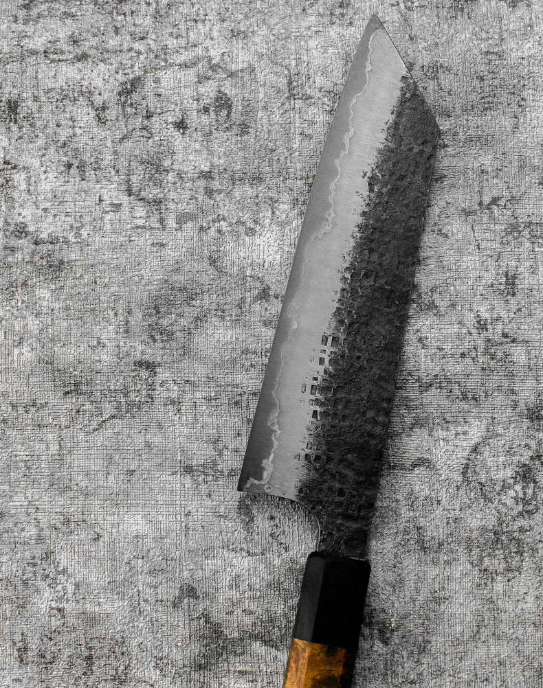 SanMai Bunka 175mm Kurouchi Squared Etched, Amboyna & Rosewood Handle With Rosewood Saya