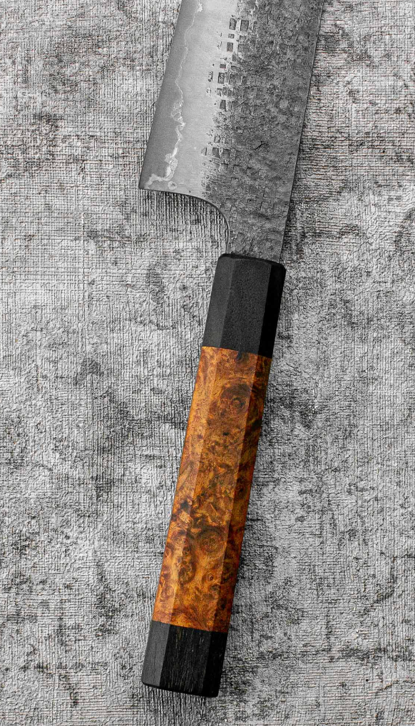 SanMai Bunka 175mm Kurouchi Squared Etched, Amboyna & Rosewood Handle With Rosewood Saya