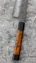 Load image into Gallery viewer, SanMai Bunka 175mm Kurouchi Etched, Amboyna &amp; Rosewood Handle With Rosewood Saya