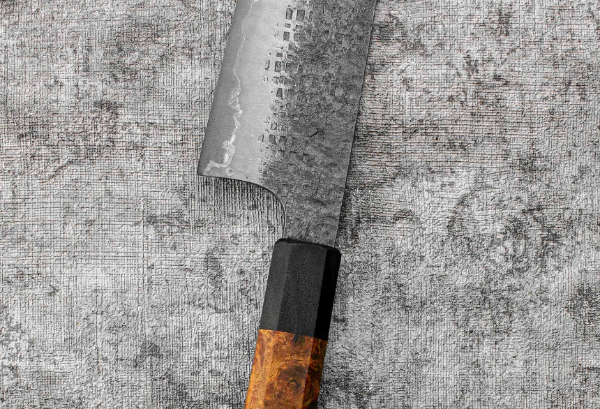 SanMai Bunka 175mm Kurouchi Squared Etched, Amboyna & Rosewood Handle With Rosewood Saya