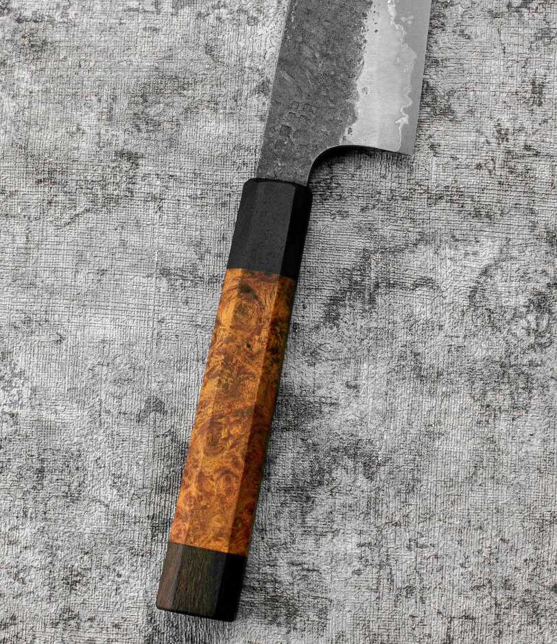 SanMai Bunka 175mm Kurouchi Squared Etched, Amboyna & Rosewood Handle With Rosewood Saya