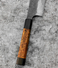 Load image into Gallery viewer, SanMai Bunka 175mm Kurouchi Etched, Amboyna &amp; Rosewood Handle With Rosewood Saya