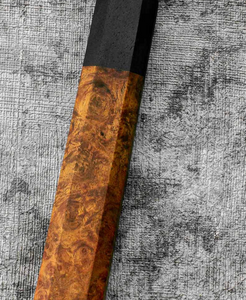 SanMai Bunka 175mm Kurouchi Etched, Amboyna & Rosewood Handle With Rosewood Saya