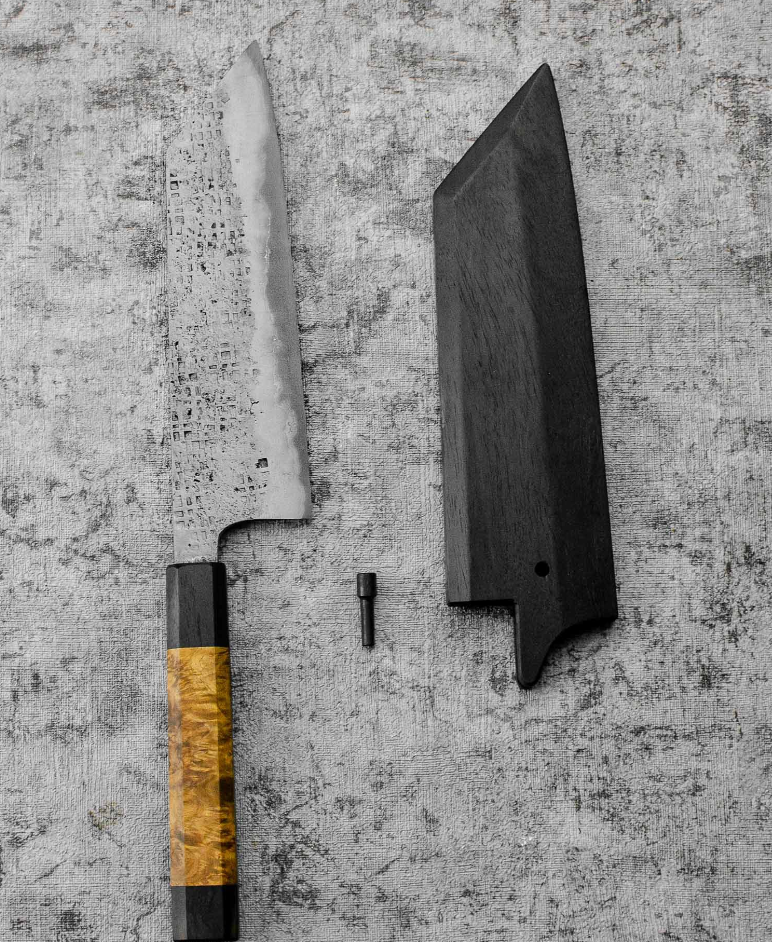 SanMai Bunka 175mm Nashiji Squared Etched, Amboyna & Rosewood Handle With Rosewood Saya