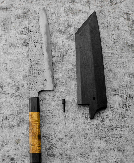 SanMai Bunka 175mm Nashiji Squared Etched, Amboyna & Rosewood Handle With Rosewood Saya