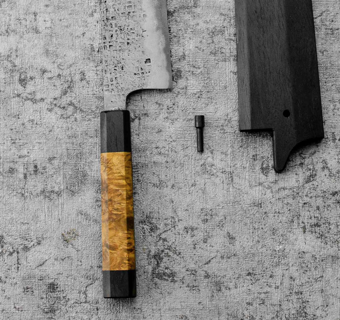 SanMai Bunka 175mm Nashiji Squared Etched, Amboyna & Rosewood Handle With Rosewood Saya