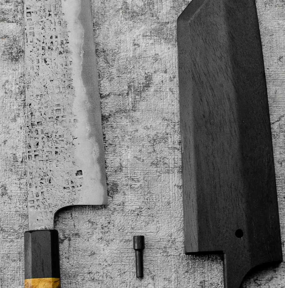 SanMai Bunka 175mm Nashiji Squared Etched, Amboyna & Rosewood Handle With Rosewood Saya
