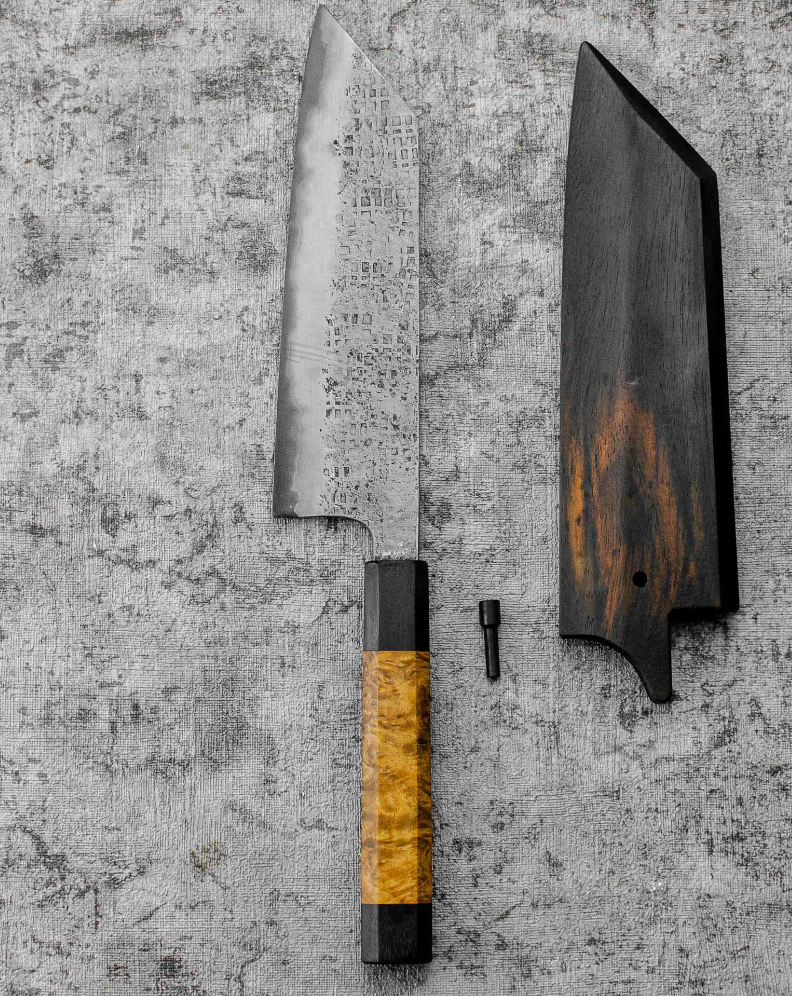 SanMai Bunka 175mm Nashiji Squared Etched, Amboyna & Rosewood Handle With Rosewood Saya