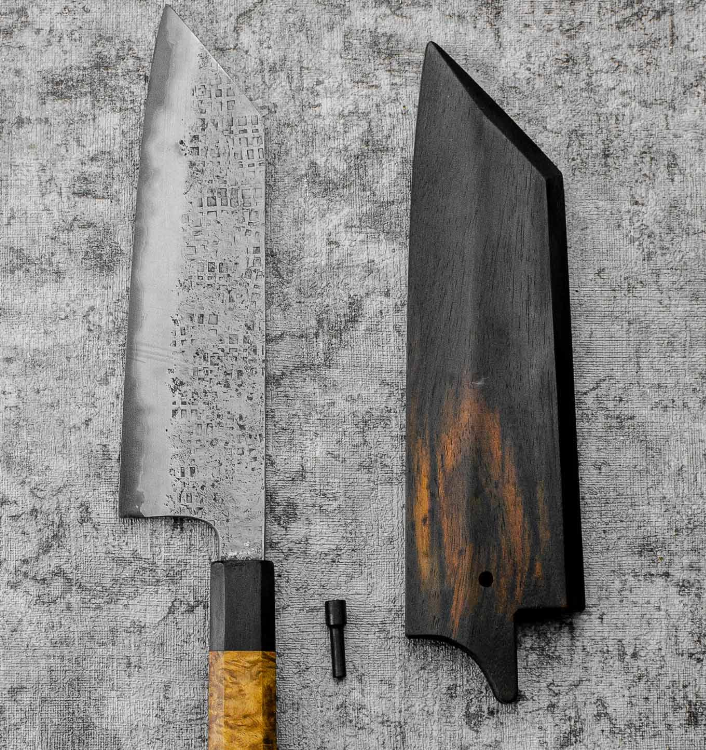 SanMai Bunka 175mm Nashiji Squared Etched, Amboyna & Rosewood Handle With Rosewood Saya