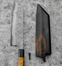 Load image into Gallery viewer, SanMai Bunka 175mm Nashiji Etched, Amboyna &amp; Rosewood Handle With Rosewood Saya