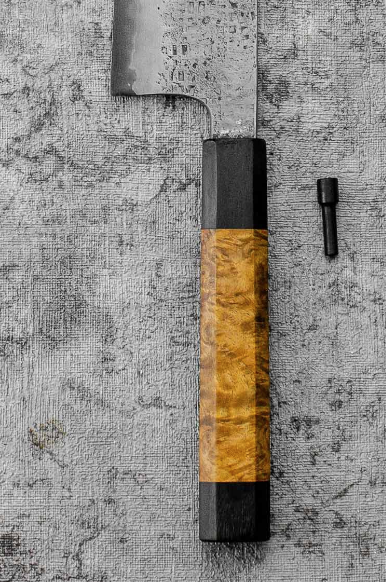 SanMai Bunka 175mm Nashiji Squared Etched, Amboyna & Rosewood Handle With Rosewood Saya