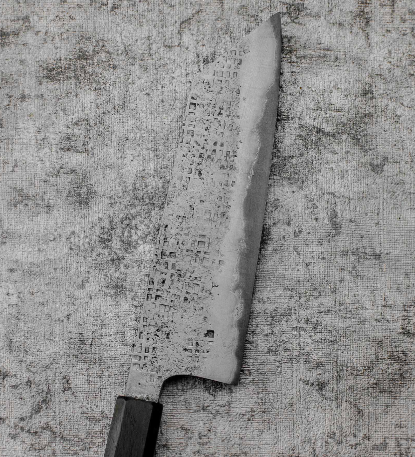 SanMai Bunka 175mm Nashiji Squared Etched, Amboyna & Rosewood Handle With Rosewood Saya