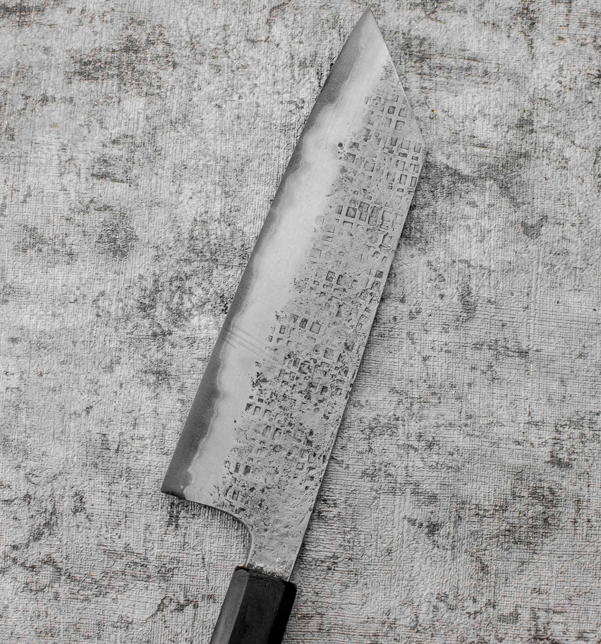 SanMai Bunka 175mm Nashiji Squared Etched, Amboyna & Rosewood Handle With Rosewood Saya