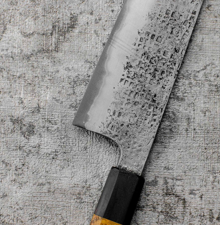 SanMai Bunka 175mm Nashiji Squared Etched, Amboyna & Rosewood Handle With Rosewood Saya