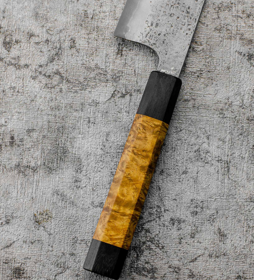 SanMai Bunka 175mm Nashiji Squared Etched, Amboyna & Rosewood Handle With Rosewood Saya