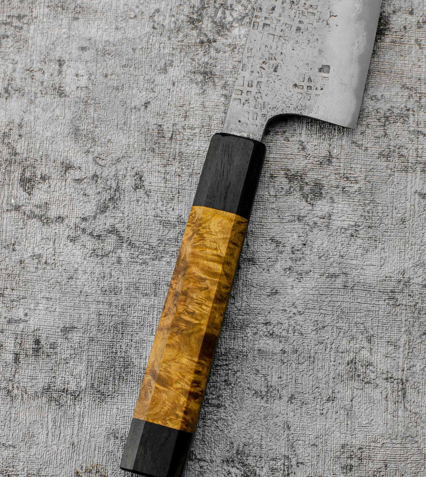 SanMai Bunka 175mm Nashiji Squared Etched, Amboyna & Rosewood Handle With Rosewood Saya