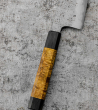 Load image into Gallery viewer, SanMai Bunka 175mm Nashiji Etched, Amboyna &amp; Rosewood Handle With Rosewood Saya